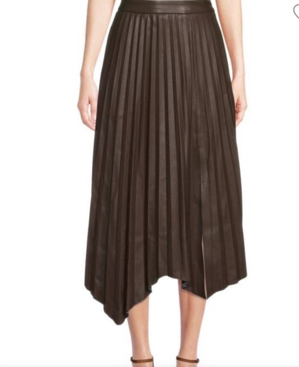 NWT ELIE TAHARI Faux Leather Pleated Skirt 6 Chocolate Espresso Midi A Line